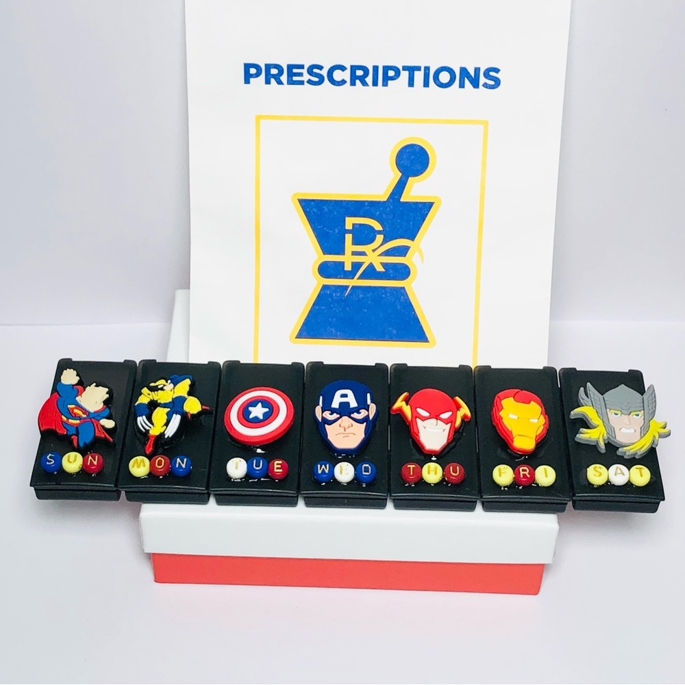 Handmade | Large Weekly Marvel Superhero Pill Container/case in Black